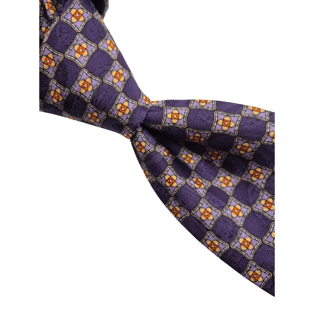 Eton Mens Silk Tie Purple Orange Geometric Medallion Made in Italy
